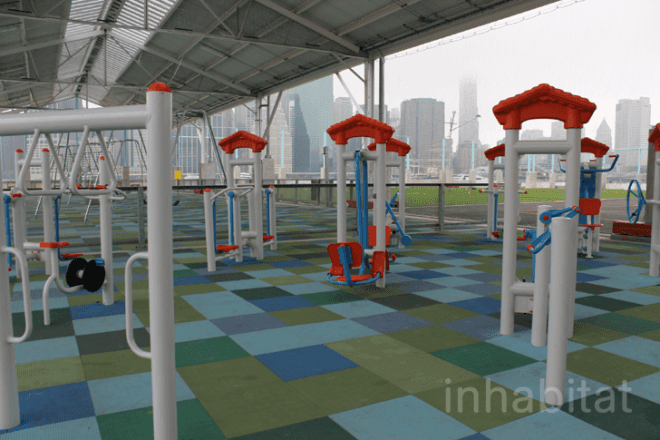 basketball courts, bocce ball, Brooklyn Bridge Park, child swings, fitness equipment, green space, in-line skating, open lawn, outdoor activities, parks department, picnics, Pier 2, public space, roller hockey, roller rink, roller skating, shuffleboard, waterfront destinations, workout area