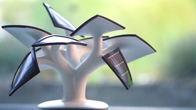 Vivien Muller design, Vivien Muller Eletree, Electree solar charger, Electree Mini, tree-shaped solar charger, green gadgets, small photovoltaic panels, smartphone charger, smartphone solar charger, green design, flexible solar panels, LED lights, Indiegogo solar charger