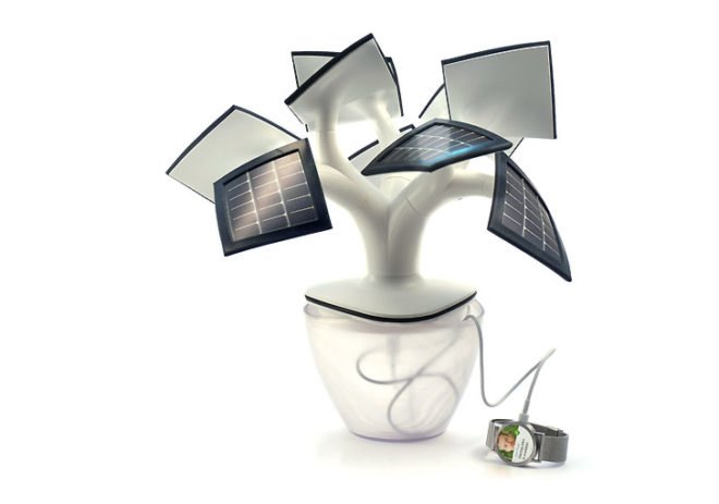 Vivien Muller design, Vivien Muller Eletree, Electree solar charger, Electree Mini, tree-shaped solar charger, green gadgets, small photovoltaic panels, smartphone charger, smartphone solar charger, green design, flexible solar panels, LED lights, Indiegogo solar charger
