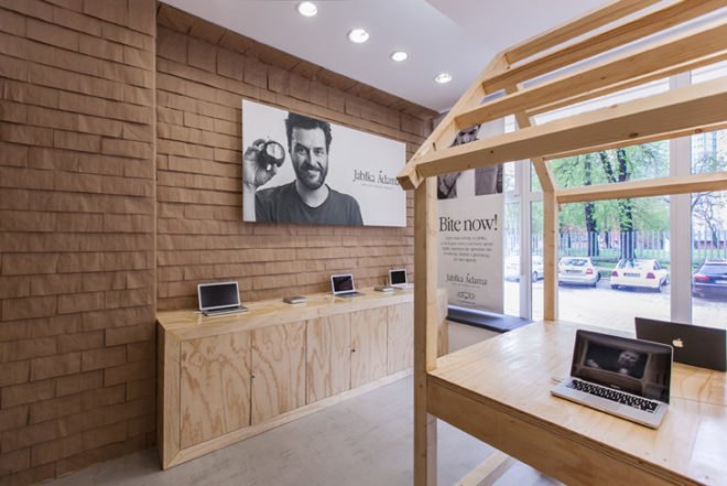 Mode:lina Architekci, Apple store design, Poznań Apple retail store, Apple retails store, Apple interior design, Apple stores, Poland Apple stores, reused paper bags, reused materials, fruit package reuse design, green design, wooden interior design, wooden stall design