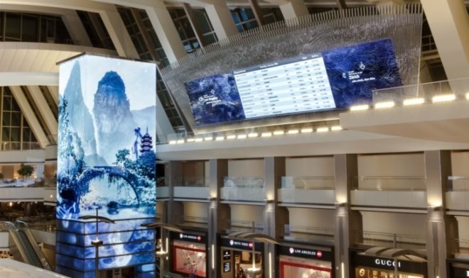 Moment Factory, LAX Installation, Tom Bradley International Terminal, LAX airport design, airport design, interactive media installations, urban desing, architecture, los angeles, MRA International, Sardi Design, largest immersive multimedia system, lighting design, light installations
