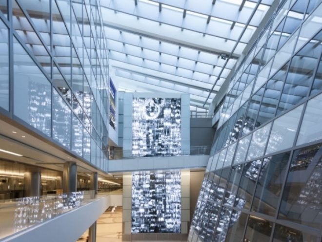 Moment Factory, LAX Installation, Tom Bradley International Terminal, LAX airport design, airport design, interactive media installations, urban desing, architecture, los angeles, MRA International, Sardi Design, largest immersive multimedia system, lighting design, light installations