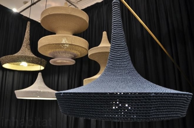 Naomi paul, Naomi paul studio, flat pack, flat pack lights, pendant lights, crocheted lights, energy efficient CFL bulbs, ICFF 2014, organic cotton