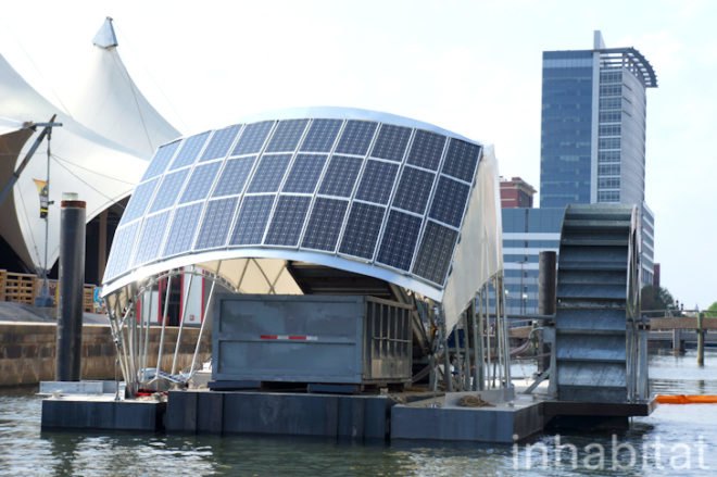 water wheel, baltimore, solar powered trash collector, trash collector, trash, solar powered water wheel, clearwater mills, john kellett, daniel chase, waterfront partnership of baltimore, healthy harbors initiative, inner harbor, inner harbor trash, jones falls watershed, jones falls, trash booms, resco, living laboratory, TMDL, Adam Linquist,