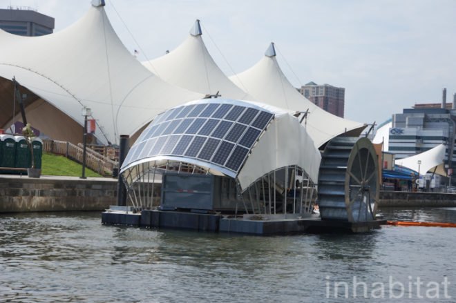 water wheel, baltimore, solar powered trash collector, trash collector, trash, solar powered water wheel, clearwater mills, john kellett, daniel chase, waterfront partnership of baltimore, healthy harbors initiative, inner harbor, inner harbor trash, jones falls watershed, jones falls, trash booms, resco, living laboratory, TMDL, Adam Linquist,