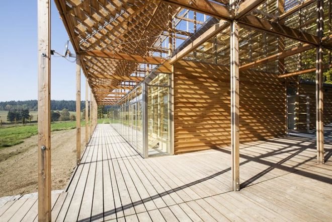 e-MRAK, wooden building, Pisek City Forest Administration, Czech Republic, alternating wooden slats, Architecture, Daylighting, Green Materials, lumber stack, natural light