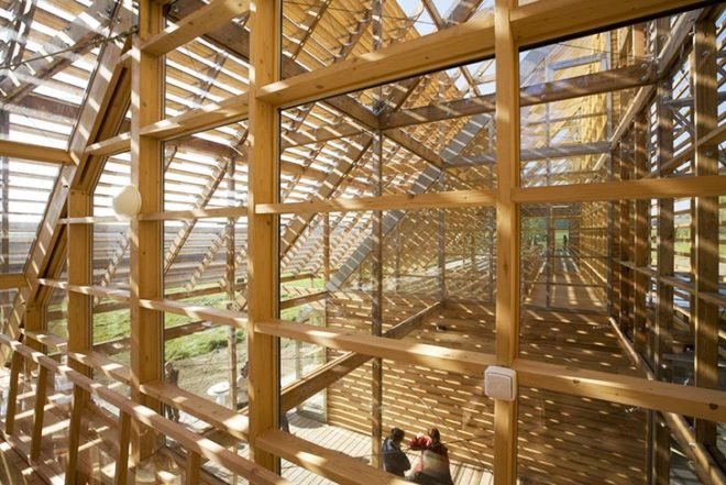e-MRAK, wooden building, Pisek City Forest Administration, Czech Republic, alternating wooden slats, Architecture, Daylighting, Green Materials, lumber stack, natural light