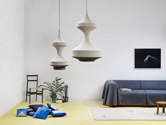Naomi paul, Naomi paul studio, flat pack, flat pack lights, pendant lights, crocheted lights, energy efficient CFL bulbs, ICFF 2014, organic cotton