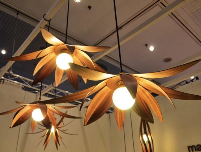 Nature inspired lamps, flora inspired lamps, eco friendly wood, fsc certified wood, Macmaster furniture, Macmaster design, alex Macmaster, icff 2014, pendant flower lamp, lotus lamp