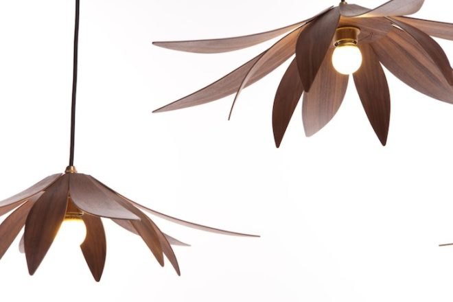 Nature inspired lamps, flora inspired lamps, eco friendly wood, fsc certified wood, Macmaster furniture, Macmaster design, alex Macmaster, icff 2014, pendant flower lamp, lotus lamp