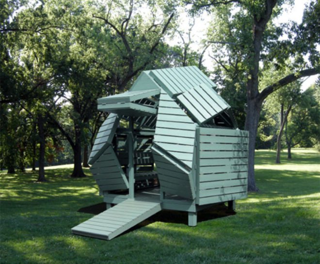 M-Velopes, M-Velopes transformable houses, Michael Jantzen Studio, transformable houses, wood houses, prefab architecture, art installation, experimental architecture, M-House Michael Jantzen, prefab wooden panels, sustainably-grown timber, timber art installations