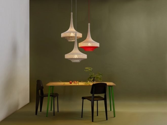 Naomi paul, Naomi paul studio, flat pack, flat pack lights, pendant lights, crocheted lights, energy efficient CFL bulbs, ICFF 2014, organic cotton