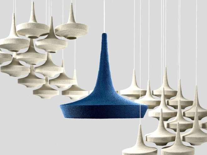 Naomi paul, Naomi paul studio, flat pack, flat pack lights, pendant lights, crocheted lights, energy efficient CFL bulbs, ICFF 2014, organic cotton
