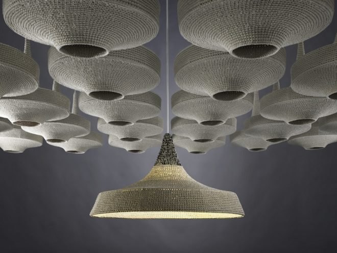 Naomi paul, Naomi paul studio, flat pack, flat pack lights, pendant lights, crocheted lights, energy efficient CFL bulbs, ICFF 2014, organic cotton