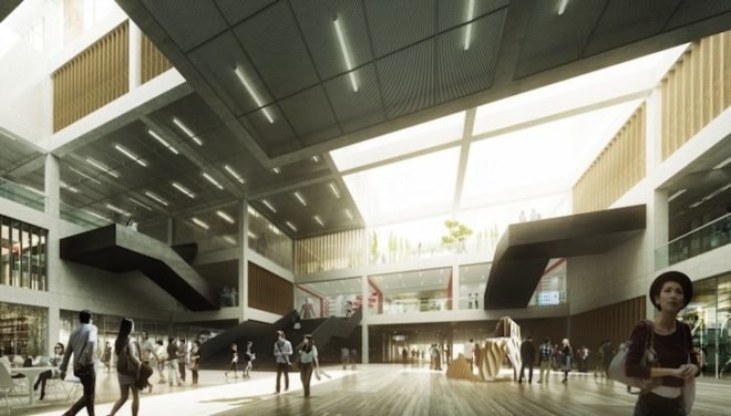 Schmidt hammer lassen, Schmidt hammer lassen architects, green roofs, Ningbo, Ningbo labor union, Ningbo cultural hub, design competition, Ningbo home of staff, home of staff center, terraced building, green roof terraces, table tennis center, chinese architecture, Ningbo architecture