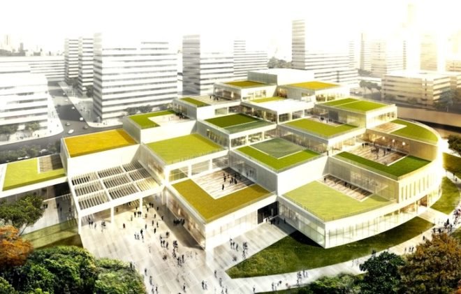 Schmidt hammer lassen, Schmidt hammer lassen architects, green roofs, Ningbo, Ningbo labor union, Ningbo cultural hub, design competition, Ningbo home of staff, home of staff center, terraced building, green roof terraces, table tennis center, chinese architecture, Ningbo architecture