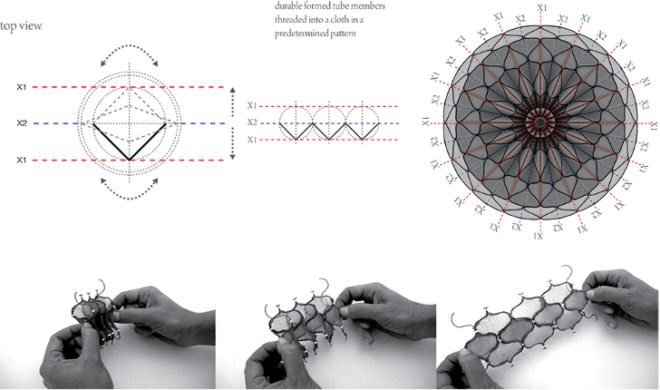 Abeer Seikaly, weaving inspired tents, pop up tents, refugee shelters, disaster zones, honeycomb design, transportables, disaster relief, solar powered tent, solar hot water, Lexus Design Awards, Weaving a Home, fold up shelter, pop up shelter