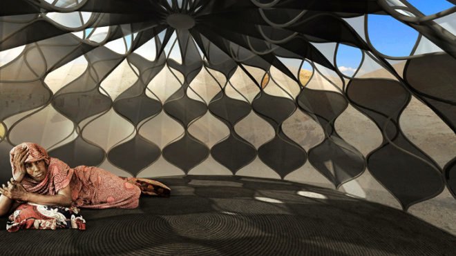 Abeer Seikaly, weaving inspired tents, pop up tents, refugee shelters, disaster zones, honeycomb design, transportables, disaster relief, solar powered tent, solar hot water, Lexus Design Awards, Weaving a Home, fold up shelter, pop up shelter