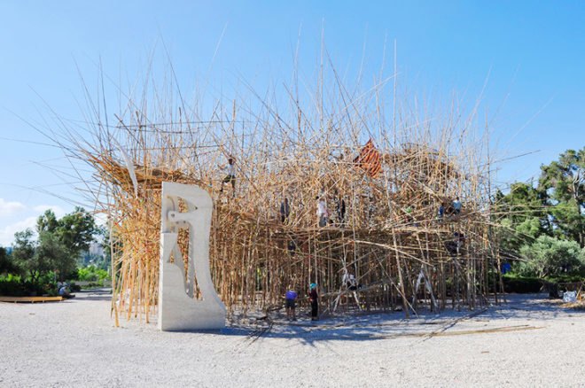 Mike and Doug Starn, largest bamboo structure, bamboo installation, bamboo art, art installation, Israel Museum art, Israel Museum bamboo installation, green building materials, light-weight materials, twin artists, Jerusalem art exhibition