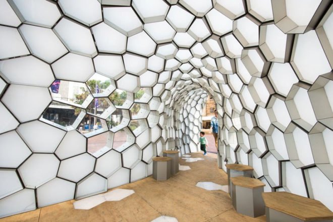 LED installation Sydney, Sydney Vivid Light Festival, Cellular Tessellation, Cellular Tessellation Pavilion, LED pavilion Sydney, LED lighting, honeycomb pavilion, pavilion design