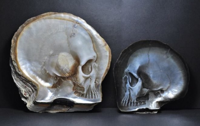 Gregory Halili, Mother of Pearl Skulls, art, Philippine artist skulls, skull art, mother of pearl art, modern art, bas-relief shell skulls