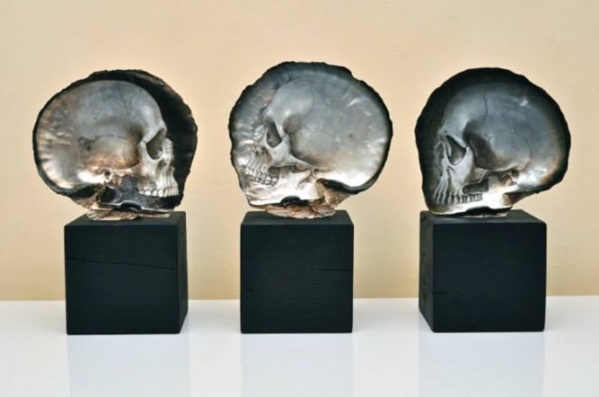 Gregory Halili, Mother of Pearl Skulls, art, Philippine artist skulls, skull art, mother of pearl art, modern art, bas-relief shell skulls