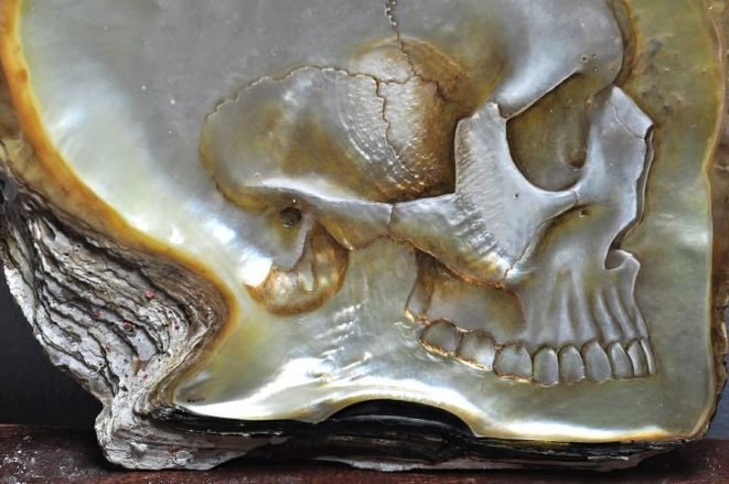 Gregory Halili, Mother of Pearl Skulls, art, Philippine artist skulls, skull art, mother of pearl art, modern art, bas-relief shell skulls