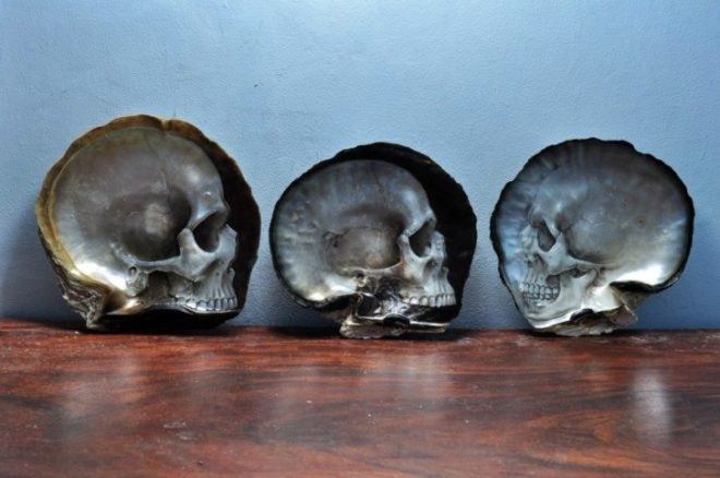 Gregory Halili, Mother of Pearl Skulls, art, Philippine artist skulls, skull art, mother of pearl art, modern art, bas-relief shell skulls