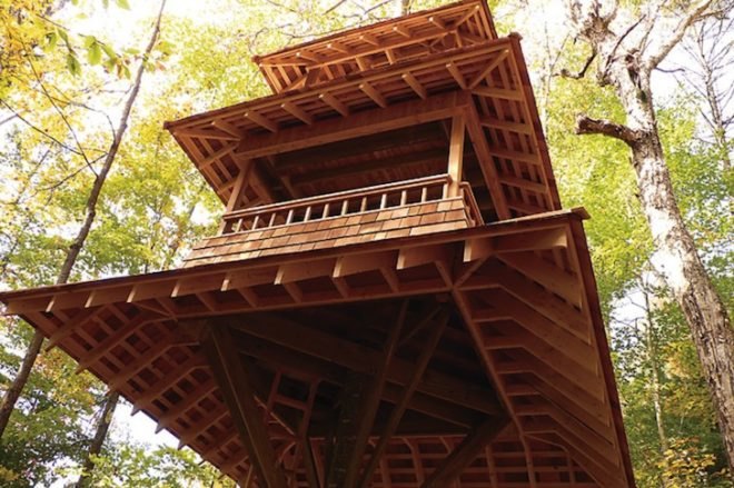 Luderowski architect, nils luderowski, reinhold treehouse, new Adirondack style, Adirondack mountains, treehouse, pagoda, Japanese influences, Japanese pagoda, long lake, upstate new york, pyramidal treehouse, pagoda treehouse