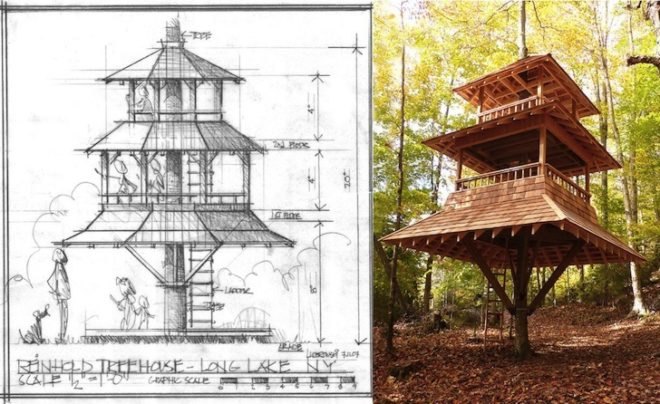 Luderowski architect, nils luderowski, reinhold treehouse, new Adirondack style, Adirondack mountains, treehouse, pagoda, Japanese influences, Japanese pagoda, long lake, upstate new york, pyramidal treehouse, pagoda treehouse