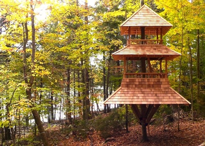 Luderowski architect, nils luderowski, reinhold treehouse, new Adirondack style, Adirondack mountains, treehouse, pagoda, Japanese influences, Japanese pagoda, long lake, upstate new york, pyramidal treehouse, pagoda treehouse