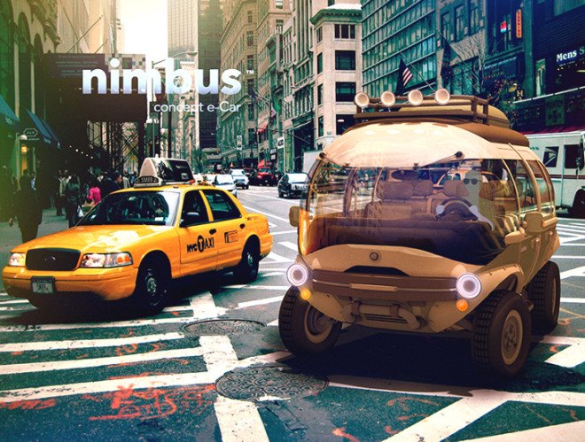 Nimbus e-Car, concept hybrid bus, automobile design, Eduardo Galvani, electrical engine, lithium-ion battery powered car, car design, hybrid car design, low energy consumption cars,