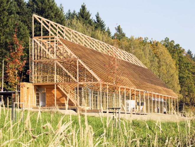 e-MRAK, wooden building, Pisek City Forest Administration, Czech Republic, alternating wooden slats, Architecture, Daylighting, Green Materials, lumber stack, natural light