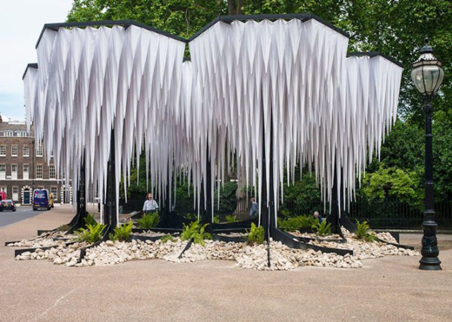 GUN Architects, Rainforest Pavilion London, tree-like structure, stalactites pavilion, London Festival of Architecture, Architectural Association (AA) pavilion, pyramidal architecture, Young Architects Prize, pavilion design, public installation, tree-like architecture