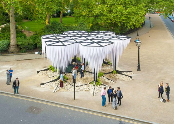 GUN Architects, Rainforest Pavilion London, tree-like structure, stalactites pavilion, London Festival of Architecture, Architectural Association (AA) pavilion, pyramidal architecture, Young Architects Prize, pavilion design, public installation, tree-like architecture