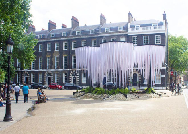GUN Architects, Rainforest Pavilion London, tree-like structure, stalactites pavilion, London Festival of Architecture, Architectural Association (AA) pavilion, pyramidal architecture, Young Architects Prize, pavilion design, public installation, tree-like architecture