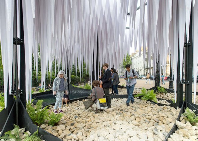 GUN Architects, Rainforest Pavilion London, tree-like structure, stalactites pavilion, London Festival of Architecture, Architectural Association (AA) pavilion, pyramidal architecture, Young Architects Prize, pavilion design, public installation, tree-like architecture