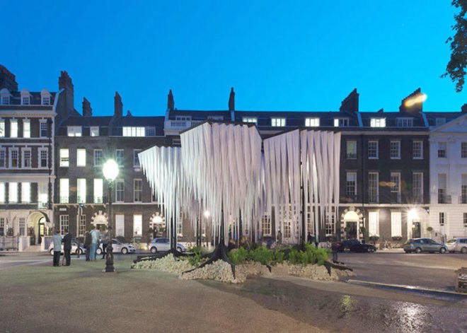 GUN Architects, Rainforest Pavilion London, tree-like structure, stalactites pavilion, London Festival of Architecture, Architectural Association (AA) pavilion, pyramidal architecture, Young Architects Prize, pavilion design, public installation, tree-like architecture