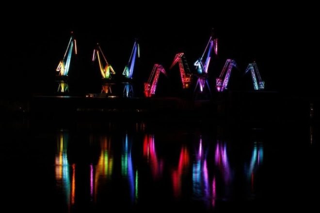 LED lights, art, dean skira, skira, architectural lighting, lighting designer, lighting giants, uljanik industrial shipyard, pula, Croatia, Philips LED spotlights, LED spotlights, shipyard machines, shipyard art, Adriatic sea
