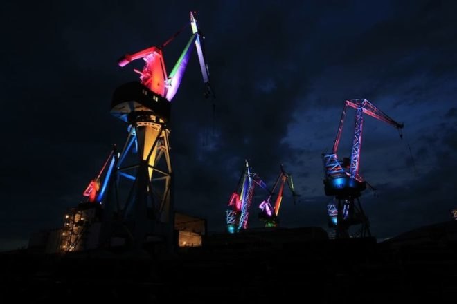 LED lights, art, dean skira, skira, architectural lighting, lighting designer, lighting giants, uljanik industrial shipyard, pula, Croatia, Philips LED spotlights, LED spotlights, shipyard machines, shipyard art, Adriatic sea