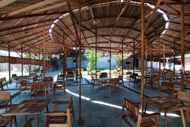 nha trang, vietnam, coffee shop, salvaged materials, salvaged wood, a21 studio, scrap wood, recycled materials, salvaged ring, sustainable building, tenon, mortise, natural ventilation, solar heat gain, interior courtyard