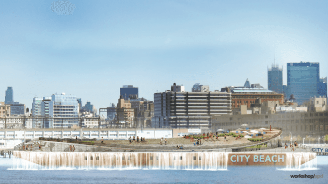 city beach nyc, manhattan beach, manhattan, thunderclap, kickstarter, blayne ross, workshop/apd, craft engineering studio, floating beach, west village, hudson river, temporary beach, popup beach, waterfront revitalization initiative
