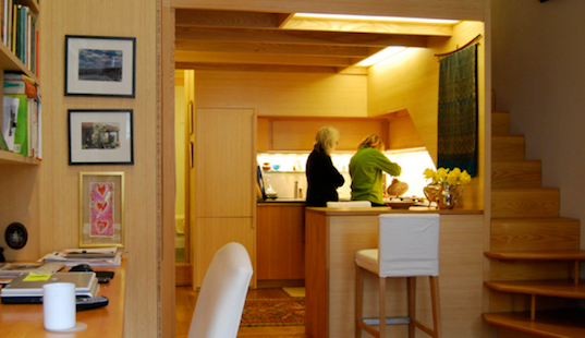Micro loft apartment, micro loft, tiny studio, woodworking, tim seggerman, George nakashima, space saving, brownstone studio, upper west site, new york city apartment, tiny living, loft style apartment, papyrus panels