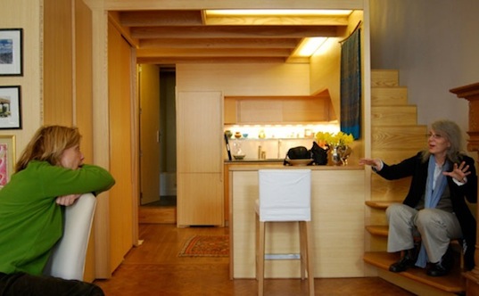 Micro loft apartment, micro loft, tiny studio, woodworking, tim seggerman, George nakashima, space saving, brownstone studio, upper west site, new york city apartment, tiny living, loft style apartment, papyrus panels