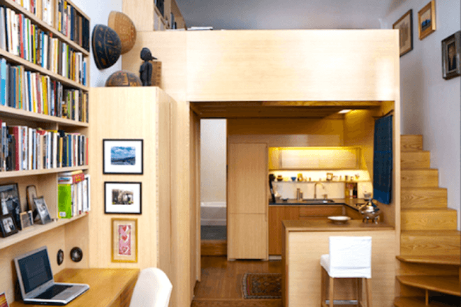 Micro loft apartment, micro loft, tiny studio, woodworking, tim seggerman, George nakashima, space saving, brownstone studio, upper west site, new york city apartment, tiny living, loft style apartment, papyrus panels
