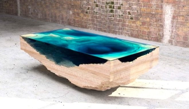 abyss table, duffy london, christopher duffy, layered coffee table, ocean-inspired furniture, green furniture, fsc-certified wood, wood table, coffee table, glass, plexiglass, glass mimic ocean, ocean layer table,