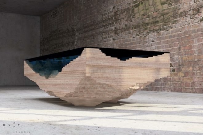 abyss table, duffy london, christopher duffy, layered coffee table, ocean-inspired furniture, green furniture, fsc-certified wood, wood table, coffee table, glass, plexiglass, glass mimic ocean, ocean layer table,