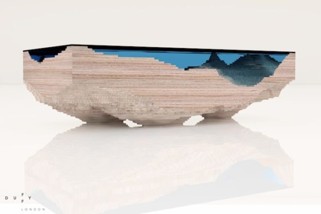 abyss table, duffy london, christopher duffy, layered coffee table, ocean-inspired furniture, green furniture, fsc-certified wood, wood table, coffee table, glass, plexiglass, glass mimic ocean, ocean layer table,