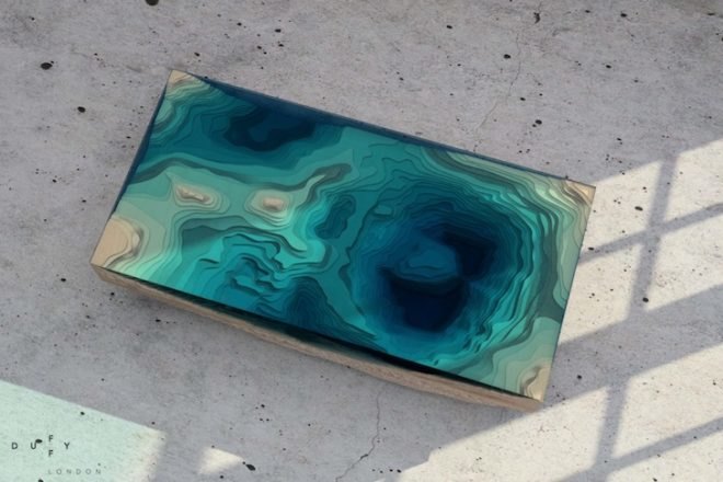 abyss table, duffy london, christopher duffy, layered coffee table, ocean-inspired furniture, green furniture, fsc-certified wood, wood table, coffee table, glass, plexiglass, glass mimic ocean, ocean layer table,