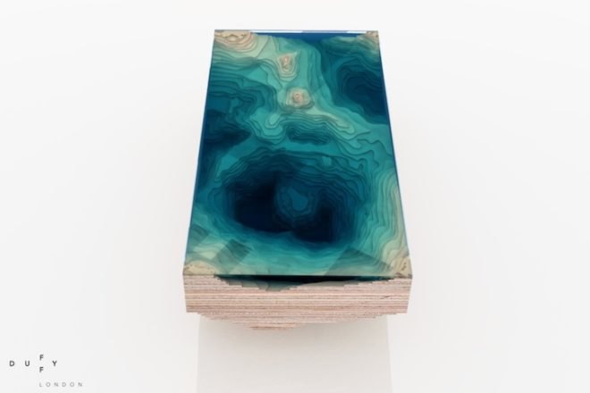 abyss table, duffy london, christopher duffy, layered coffee table, ocean-inspired furniture, green furniture, fsc-certified wood, wood table, coffee table, glass, plexiglass, glass mimic ocean, ocean layer table,